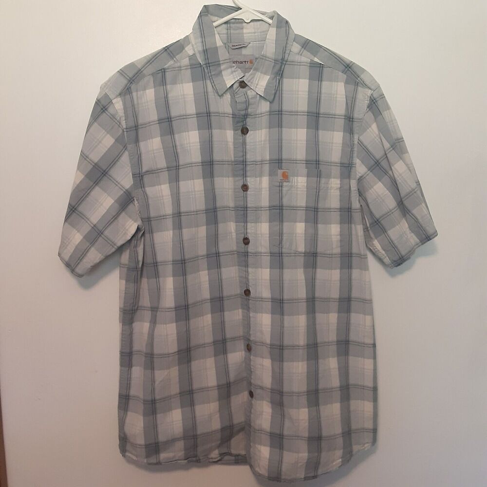 Carhartt Workwear Relaxed Fit Plaid Button Down Shirt Outdoors Mens Medium Blue